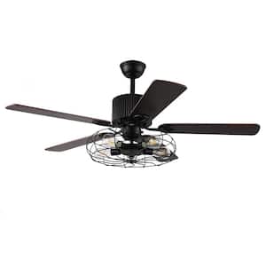 52 in. Indoor Retro Industrial Black Iron Cage 5 Wood Blades Reversible Ceiling Fan with Remote Control and Light Kit