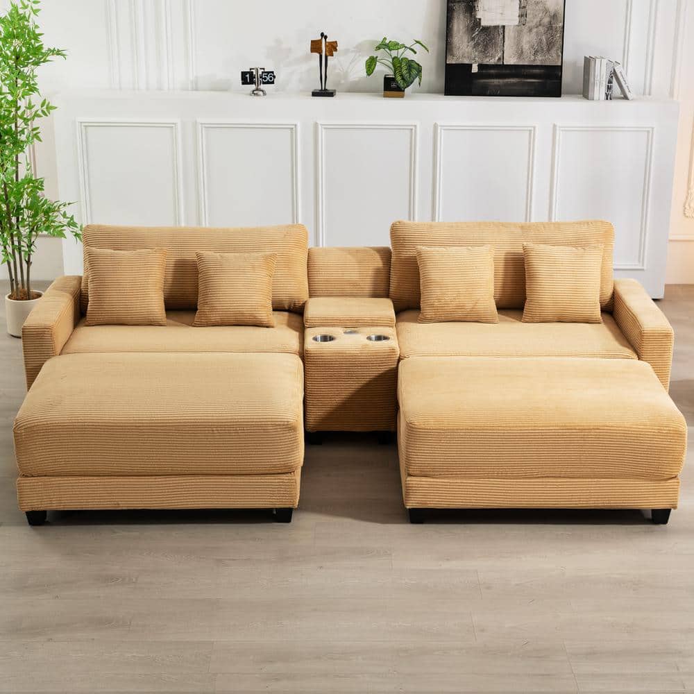 JEAREY Laibai 111.81 in. Square Arm 4 Piece Velvet Modular Sectional Sofa in Yellow with Cup Holder and Ottoman DXRABCD Yellow The Home Depot