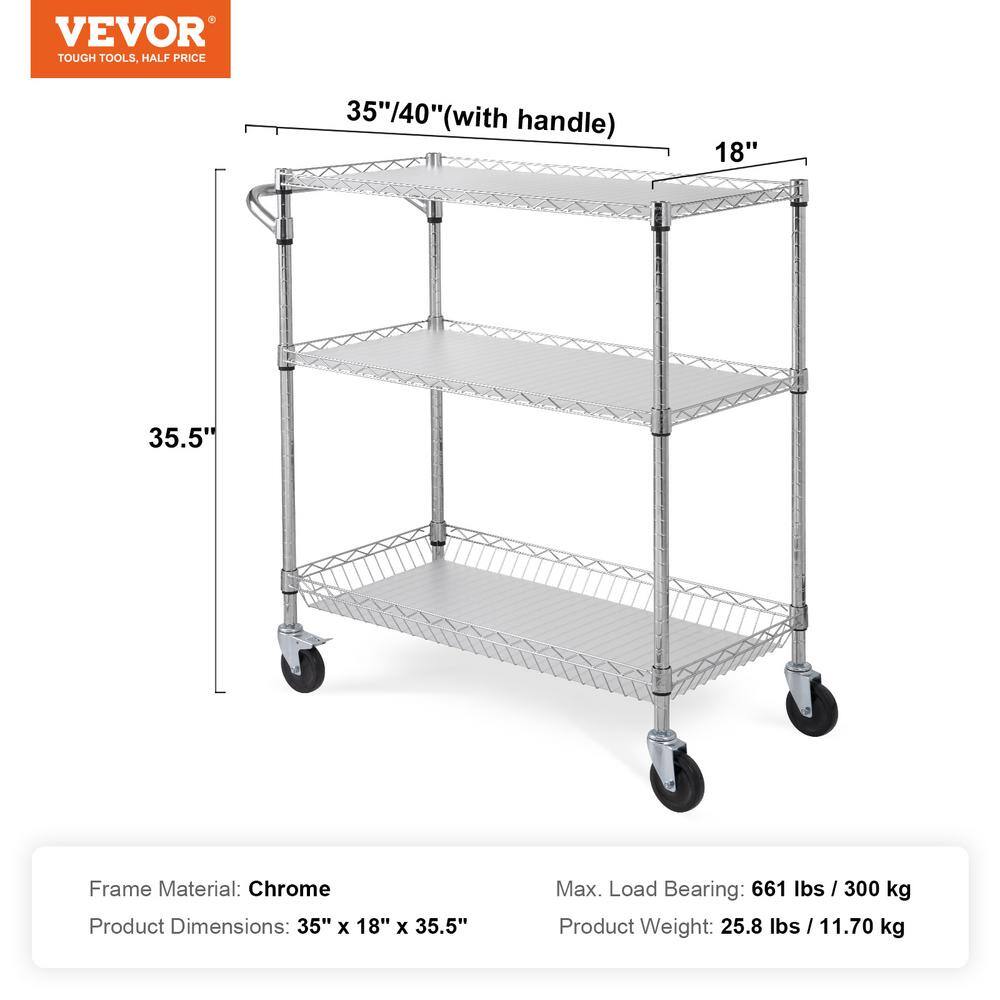 VEVOR 3-Tier Stainless Steel Utility Cart with Wheels and Hooks