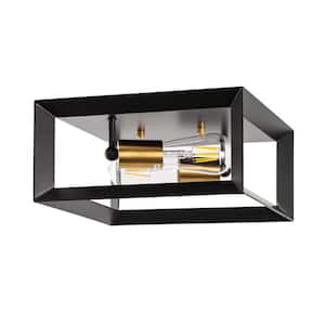 11.4 in. 2-Light Industrial Black Gold Square Flush Mount Ceiling Light with E26 Base Modern Metal Fixture for Hallway