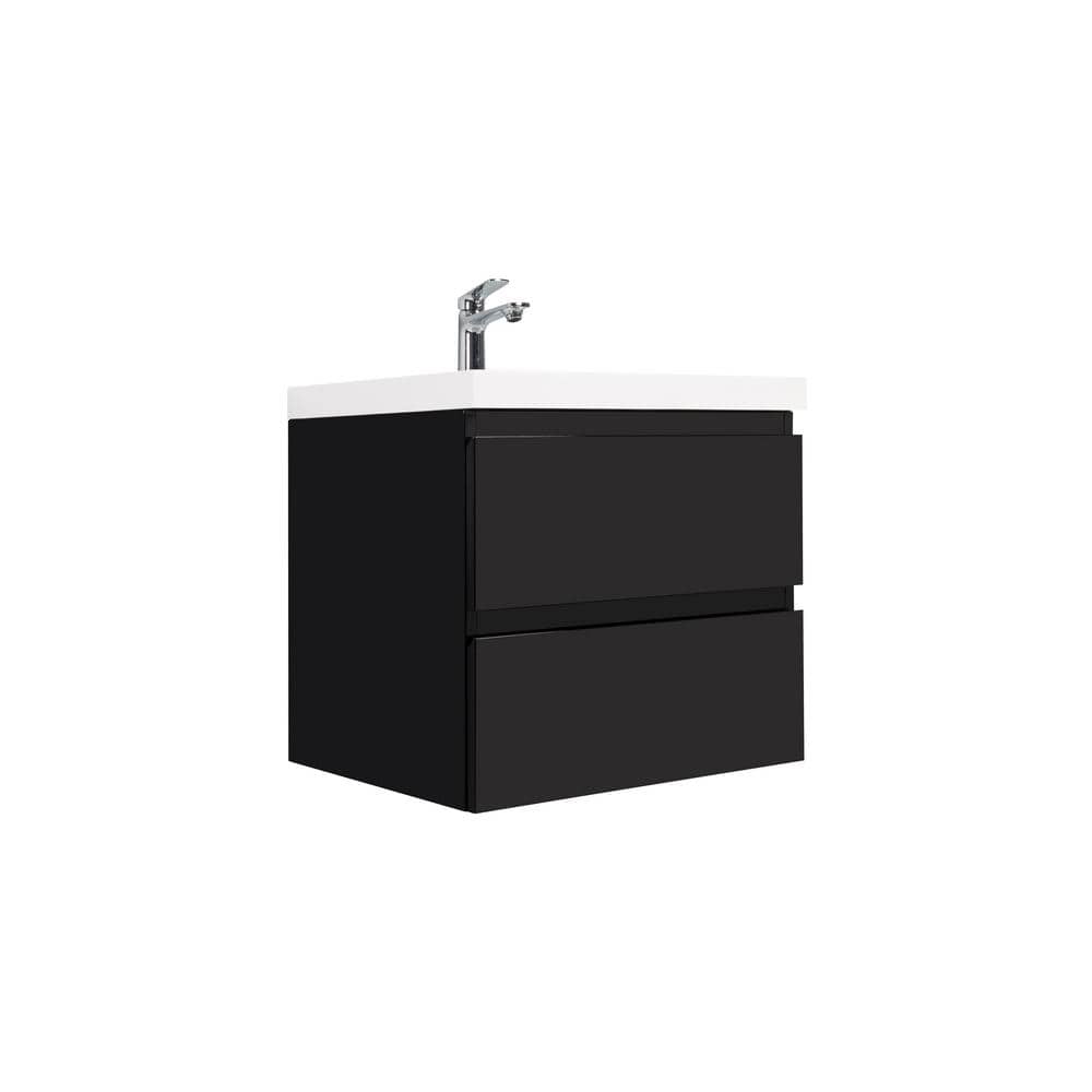 24 in. W Floating Single Sink Bath Vanity in Gloss Black with Gloss White Resin Top