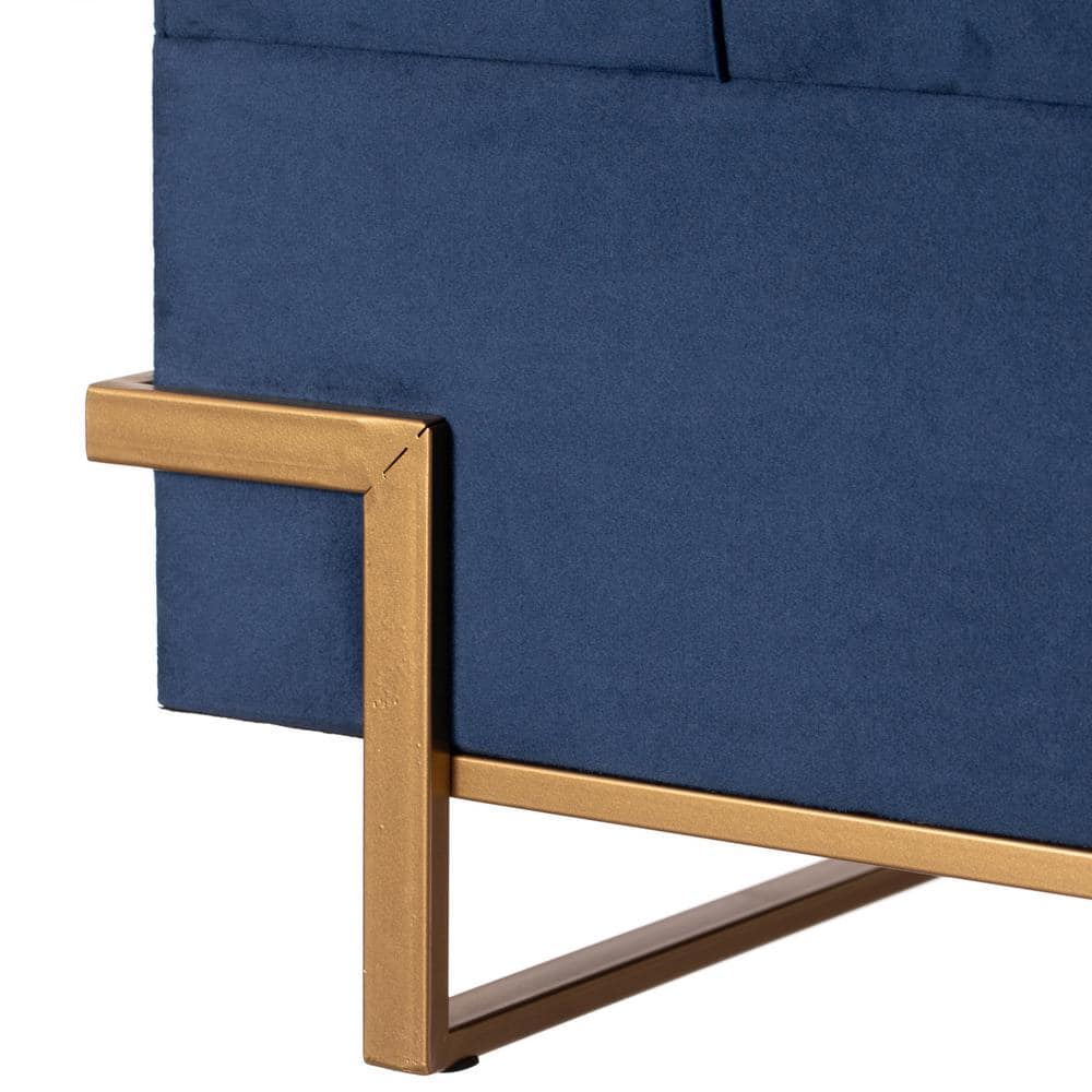 Blue Velvet Rectangular Ottoman with Golden Abstract Legs and Storage