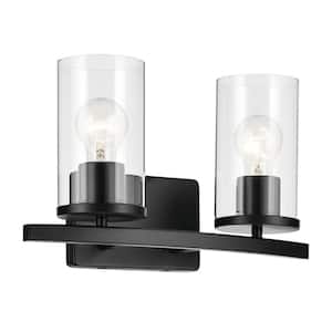 Crosby 15.25 in. 2-Light Black Contemporary Bathroom Vanity Light with Clear Glass