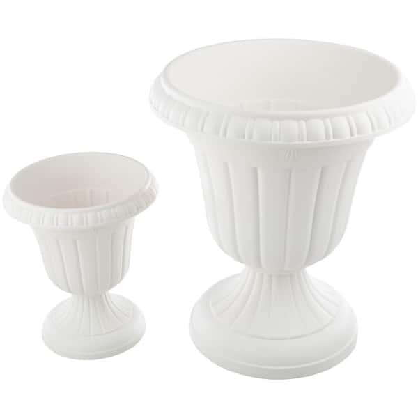 Pure Garden 16 in. W x 18 in. H and 9.75 in. W x 11.25 in. H Plastic Large and Small Urn Planter, White (Pack-2)