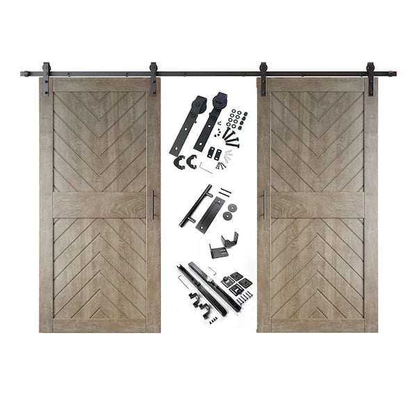 JT4 40 in. x 84 in. C-Panel Classic Gray Fishbone Design Double Pine Wood Sliding Barn Door with Hardware Kit