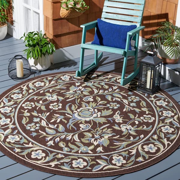 Veranda Chocolate/Aqua 7 ft. x 7 ft. Ornate Floral Border Indoor/Outdoor Round Area Rug