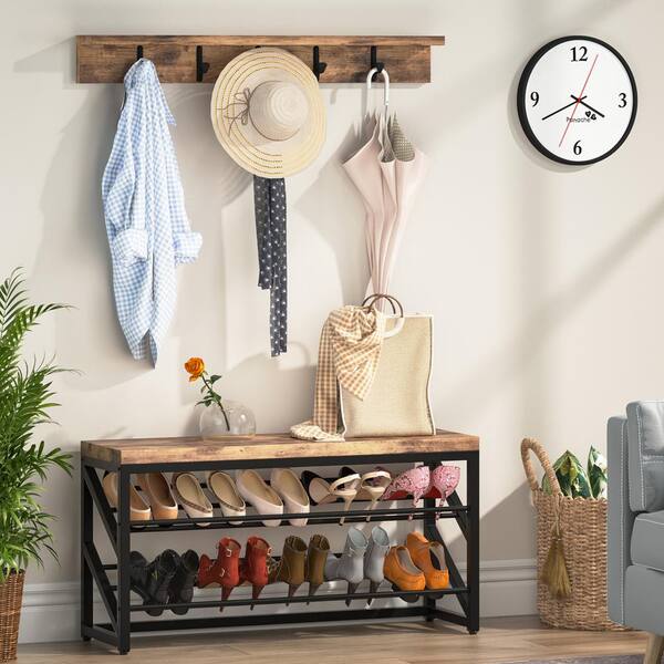Byblight Carmalita Rustic Brown Hall Tree With Shoe Storage And Coat Rack Organizer Wall Mounted Shelf Hooks Bb Xk00070gx Byblight Carmalita Rustic Brown Hall, Wall Mounted Coat Rack With Shoe Storage