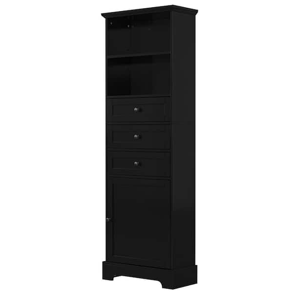 Tatahance 22 in. W x 10 in. D x 67.3 in. H Black Wood Freestanding Storage Linen Cabinet with Adjustable Shelf and Drawers