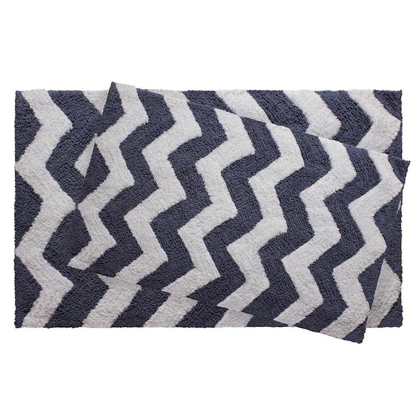 Jean Pierre Reversible Cotton Soft Zigzag Denim Blue 2-Piece Bath Mat Set