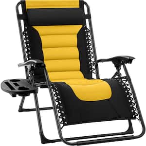 Oversized Padded Zero Gravity Black/Yellow Metal Reclining Outdoor Lawn Chair with Side Tray