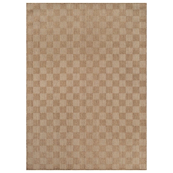 Checkered Sand/Natural Easy-Care Jute-Style Indoor/Outdoor Flat Woven 9 ft. x 12 ft. Sand Area Rug