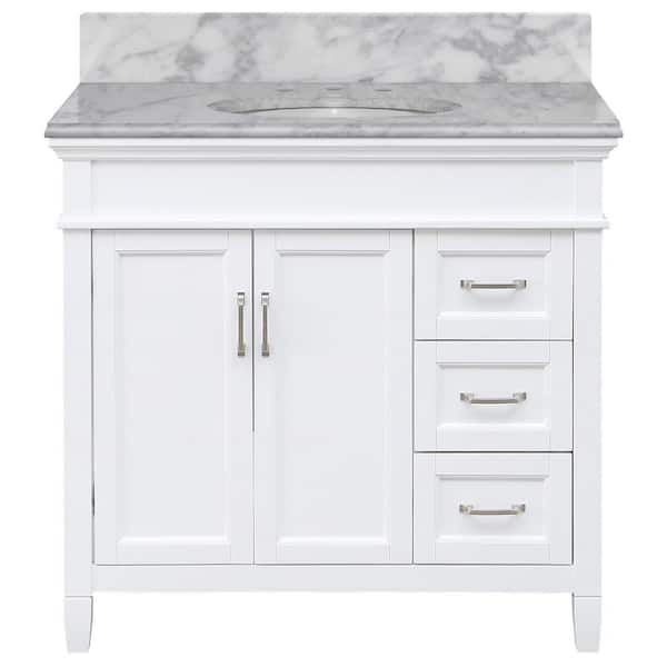 Ashburn 37 in. W x 22 in. D x 35 in. H Single Sink Freestanding Bath Vanity in White with Carrara Marble Top