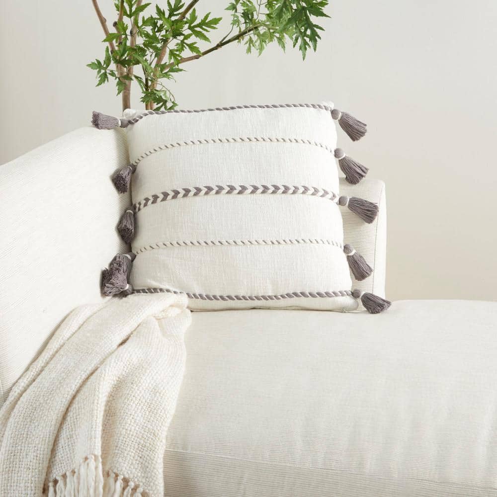 Gray and White Cotton Tassel Striped Square Pillow