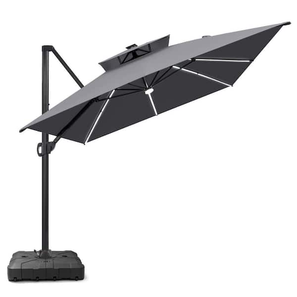 13 x 10 ft. Solar Lighted Cantilever Patio Umbrella with Wheeled Base Double Top Outdoor Offset Umbrella in Dark Gray