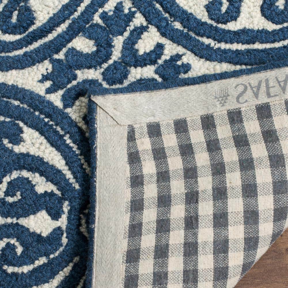 Ivory and Navy Handmade Wool Runner Rug