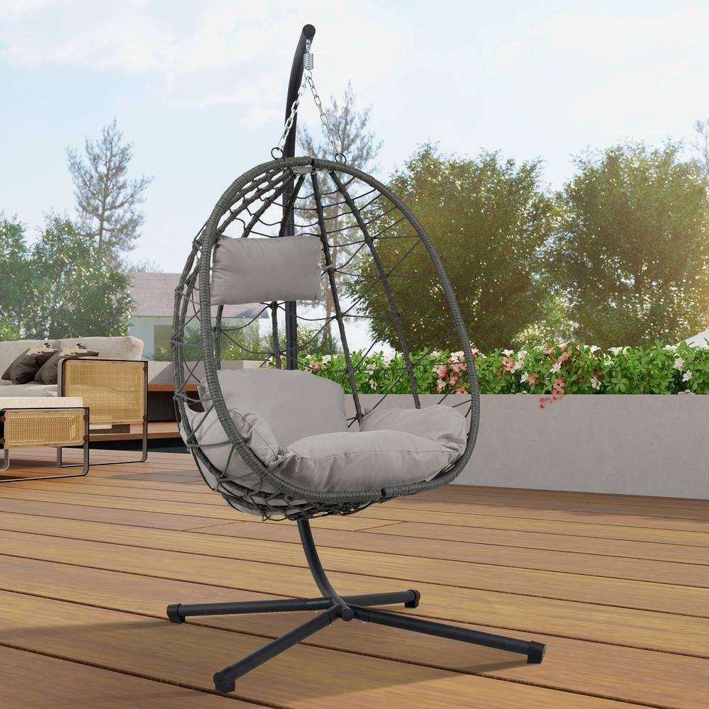 Gray Steel Outdoor Egg Hanging Chair with Cushions
