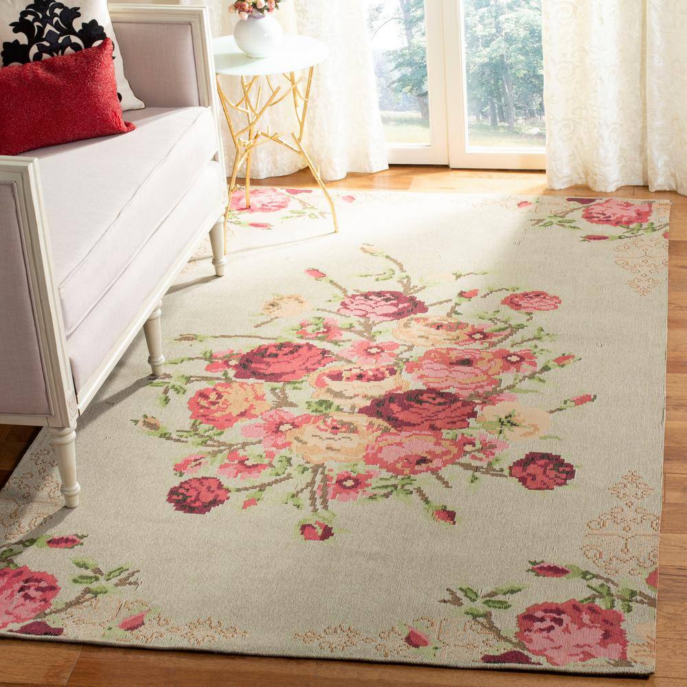 Beige and Red Floral Cotton Low Pile Area Rug