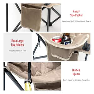Khaki Metal Patio Folding Beach Chair Lawn Chair Outdoor Camping Chair with Side Pockets and Built-In Opener