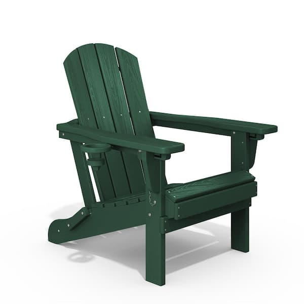 JEAREY Weather Resistant Plastic HDPE Outdoor Patio Folding Adjustable Adirondack Chair with Cup Holder in Dark Green