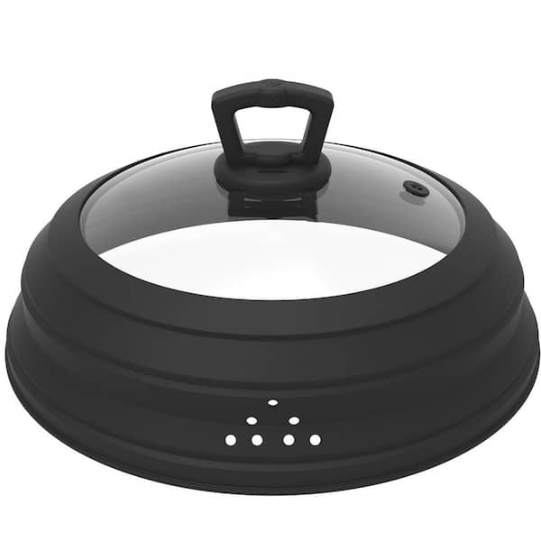 10.8 in. Black Glass Microwave Splatter Cover, Silicone Vented Splatter Guard, Food Heating Anti Splash Lid