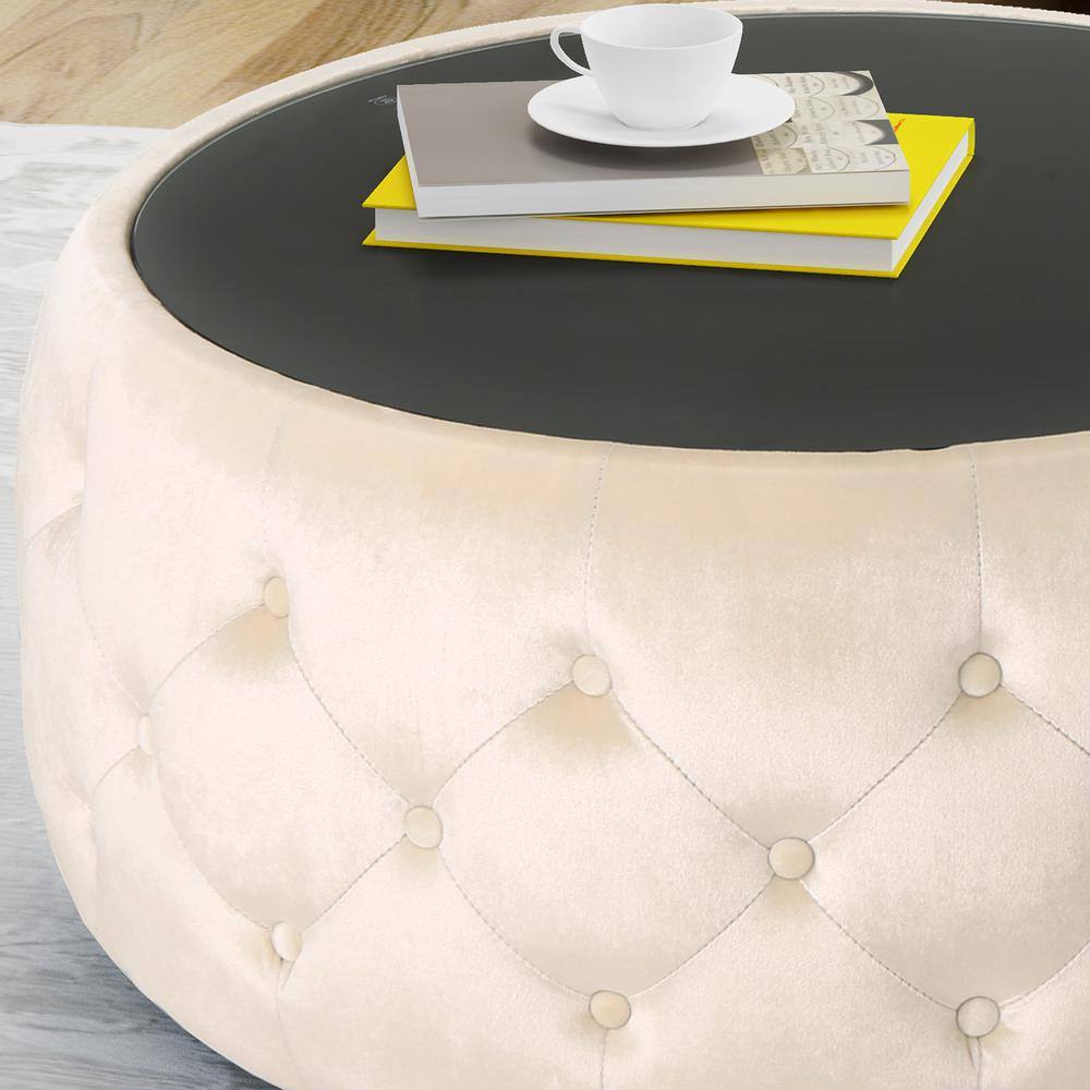 Elegant Round Beige Velvet & Glass Ottoman Coffee Table
