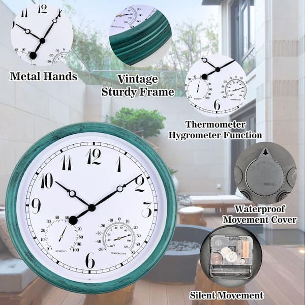 Indoor Outdoor Waterproof Wall Clock with Thermometer and Hygrometer Combo,  12 Retro Battery Operated Quality Quartz Round Clock for Patio Home Decor