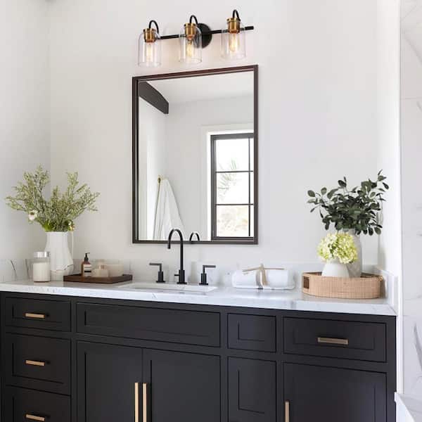 21 in. 3-Light Black Bathroom Vanity Light Modern Vintage DIY Brass Bath Light Clear Glass Farmhouse/Rustic Wall Sconce