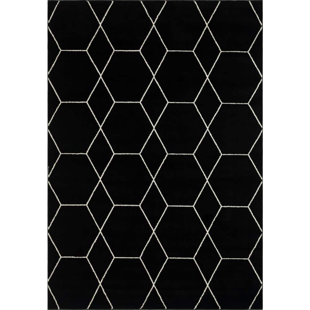 Modern Black and Ivory Trellis Synthetic Area Rug