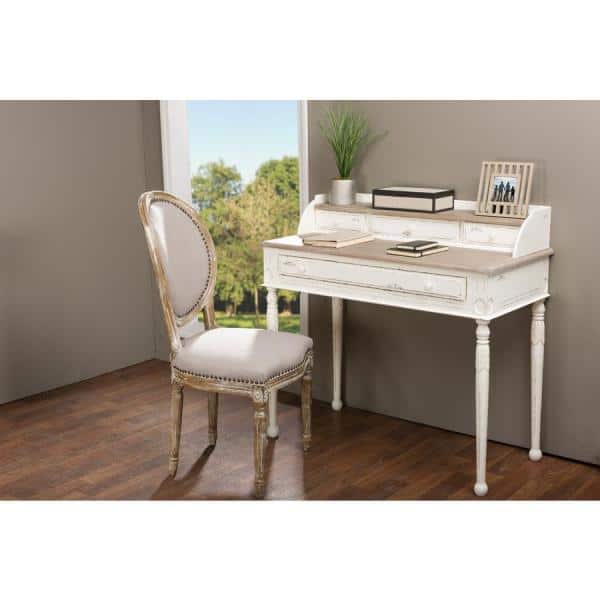 Anjou Chic White and Light Brown Writing Desk with Storage