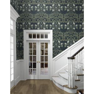 Navy and Sage Stenciled Floral Pre-Pasted Paper Wallpaper Roll 56 sq. ft.