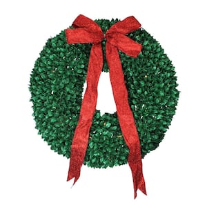 28 in. Pre-Lit Glittered Artificial Leaves Christmas Wreath with Clear Lights