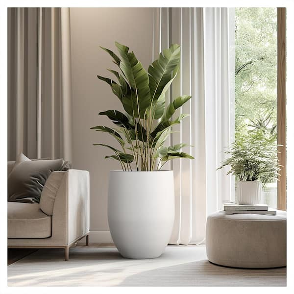 Sapcrete Large White Concrete Tall Tapered Cylinder Planter Lightweight with Drainage Hole (16 in. L x 16 in. W x 22 in. H)