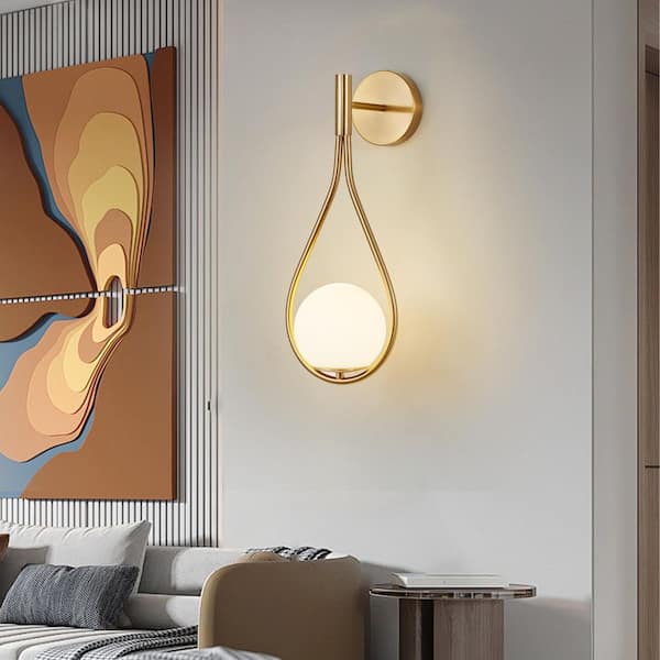 19 in. 2-Light Gold LED Wall Sconce, Natural Alabaster Modern Glass Globe Wall Light for Bedroom, Bathroom, Living Room