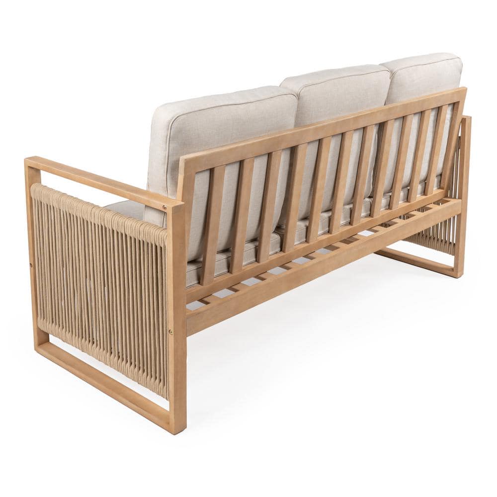 Gable Beige and Light Teak Roped Acacia Wood Outdoor Sofa with Cushions