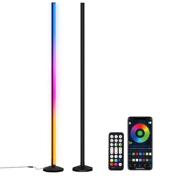 BICIK 2-Pack 57 in. Black Modern 1-Light Smart Dimmable Column Floor Lamp for Living Room with Remote and App Control