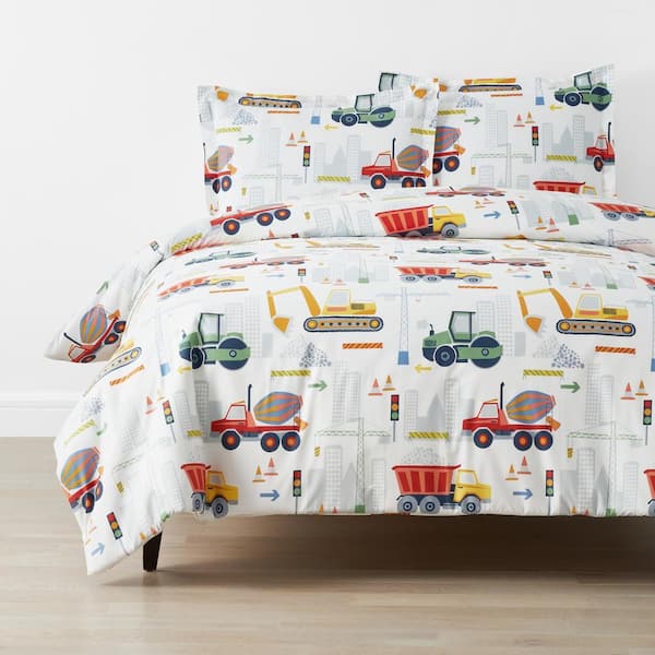 Company Kids Construction Trucks White Multi Organic Cotton Percale Full/Queen Duvet Cover Set