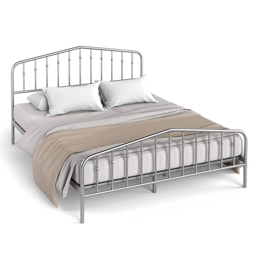 Costway Silver Queen Size Metal Bed Frame Steel Slat Platform Headboard Footboard Bedroom QD 68539SLnew The Home Depot