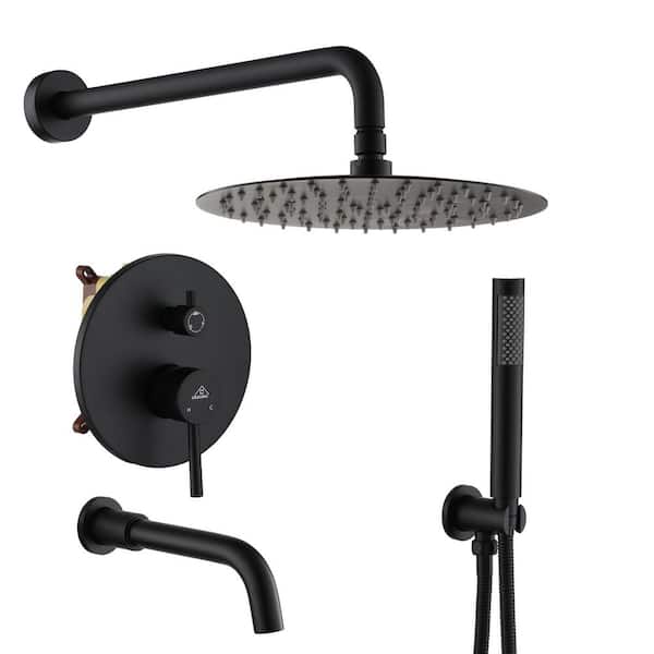 CASAINC 3-Spray Patterns Round 10 in. Wall Mount Dual Shower Heads with Handheld and Tub Faucet 2.5 GPM in Matte Black