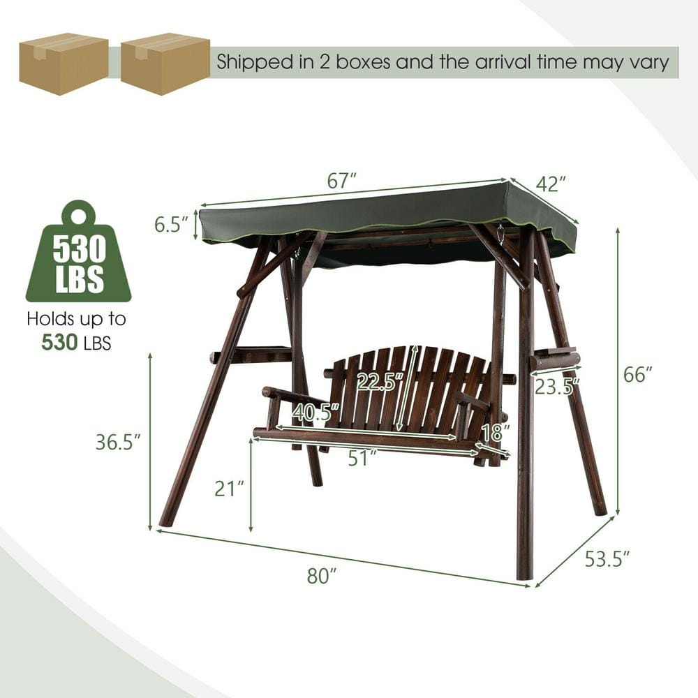 Natural Brown Fir Wood 2-Person Porch Swing with Adjustable Canopy