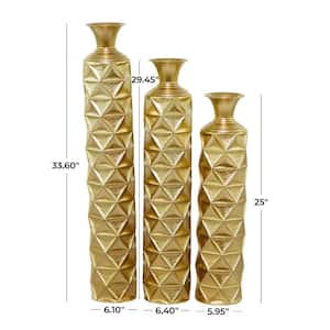 34 in., 29 in., 25 in. Gold Tall Distressed Metallic Metal Decorative Vase with 3D Triangle Patterns (Set of 3)