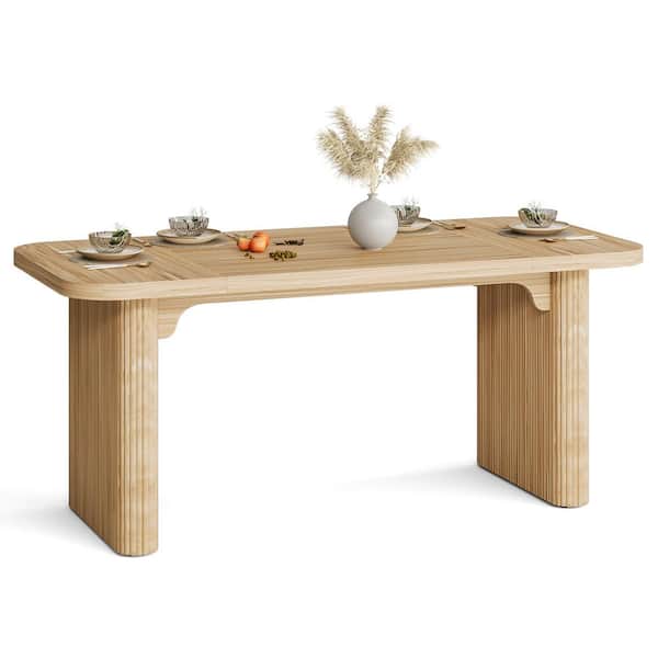 BYBLIGHT Roesler Natural Wood 62 in. Rectangle Dining Table, Wood Kitchen Table with Double Pedestal for Dining Room, Seats 6