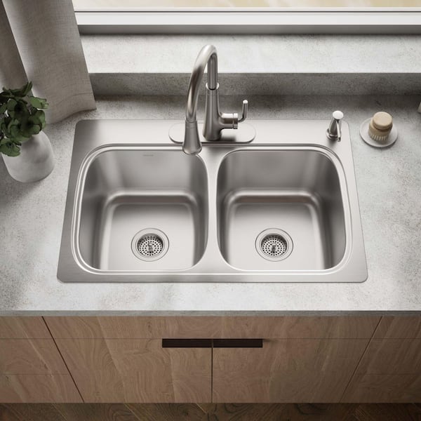 Verse 33 in. Drop-in Double Bowl 18-Gauge Stainless Steel Kitchen Sink with 4-Holes