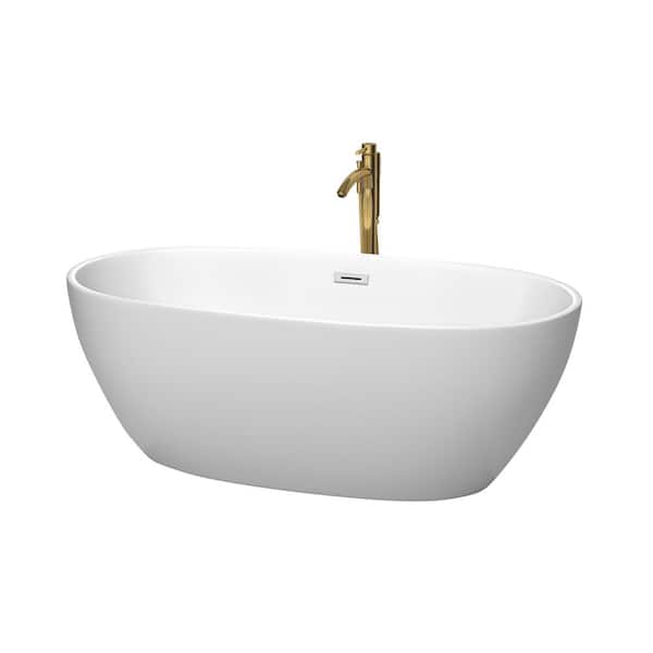 Wyndham Collection Juno 63 in. Acrylic Flatbottom Bathtub in Matte White with Polished Chrome Trim and Brushed Gold Faucet