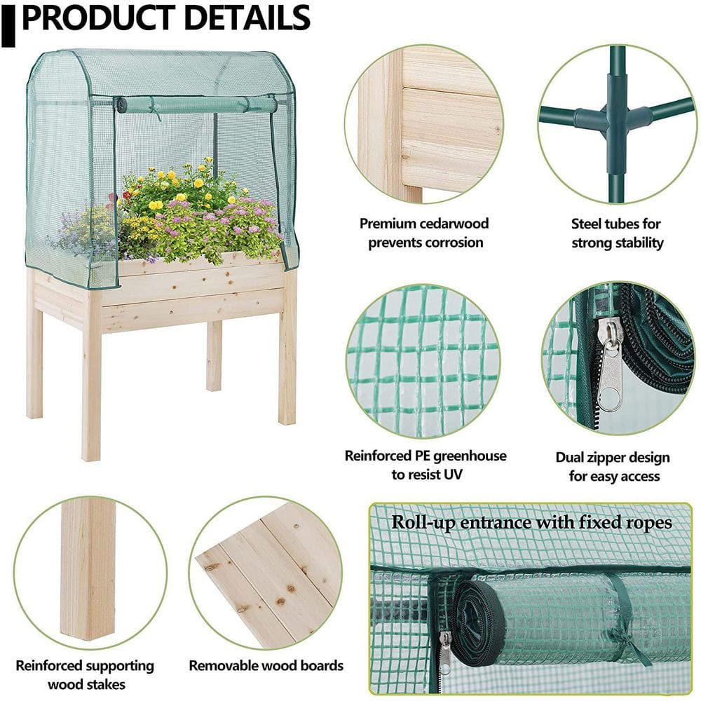 Large Tan Wood Elevated Planter Box with Greenhouse Cover