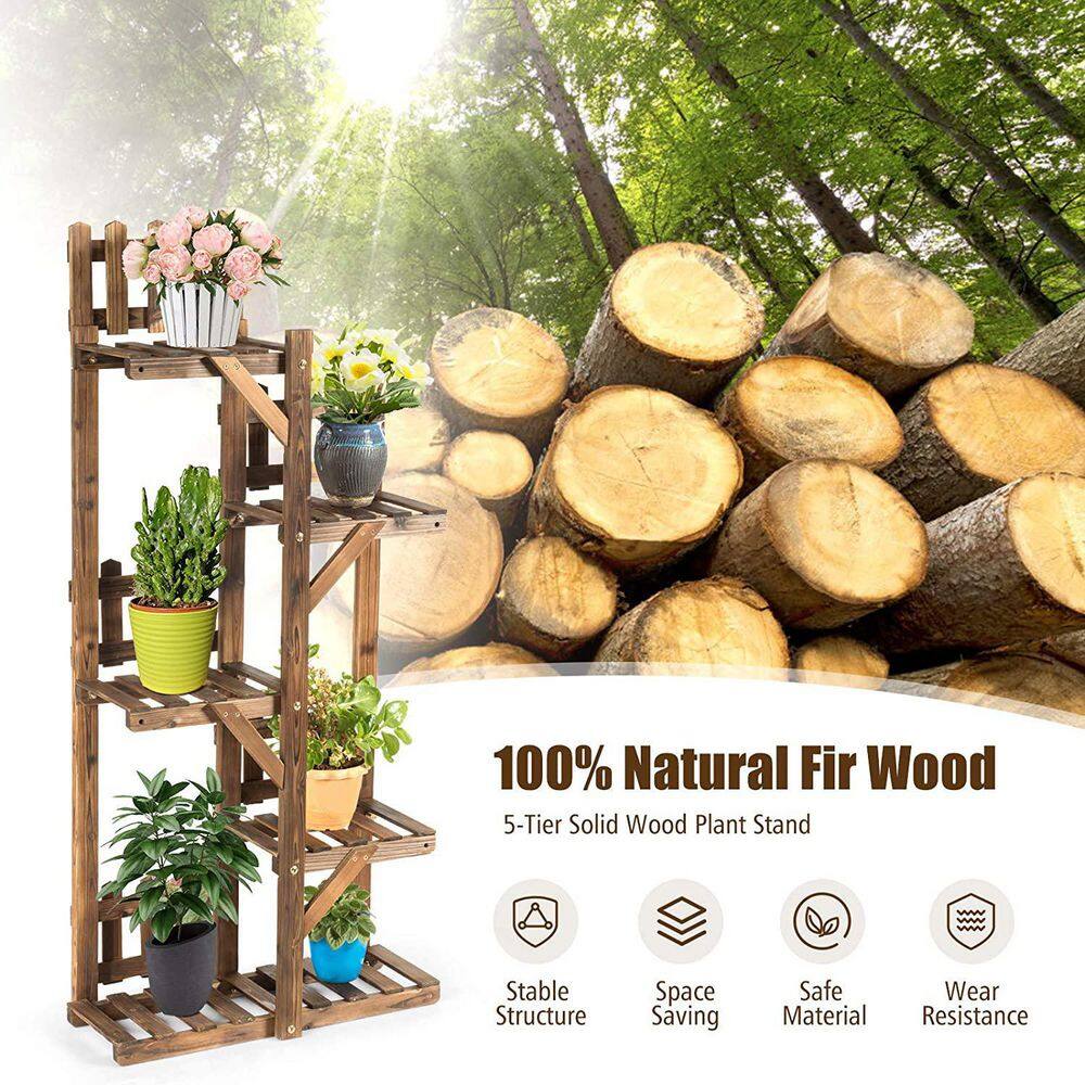 5-Tier Dark Brown Solid Fir Wood Plant Stand