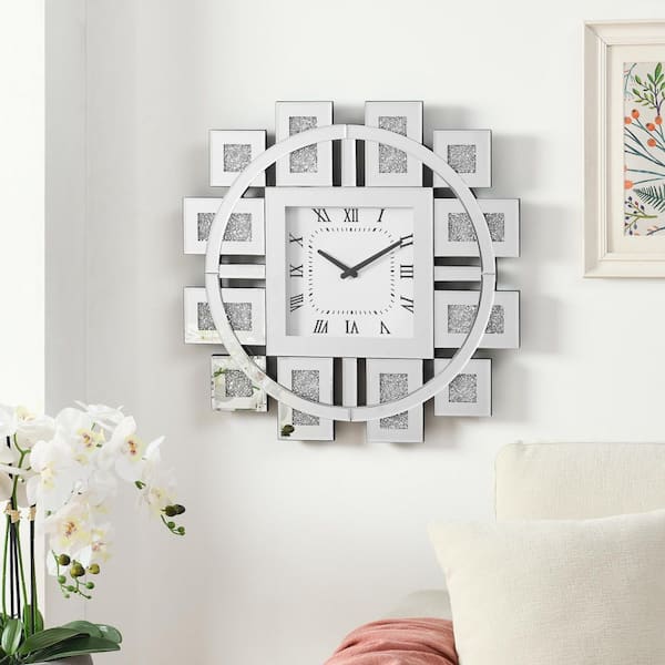 23.6 in. Faux GemStone Silver Wall Clock with Square Mirror Frame in Mirrored, Beveled Edge Floating Crystal Wall Clock