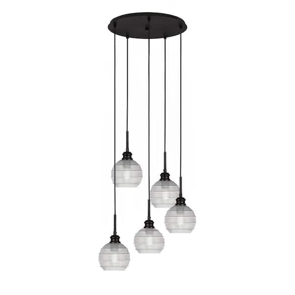 Unbranded Albany 60-Watt 19 in. 5-Light Espresso Cord Pendant Light Clear Ribbed Glass Shade No Bulbs included