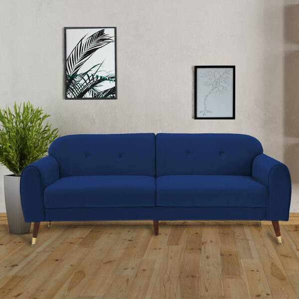Navy Blue Velvet Wood Leg Loveseat Sofa