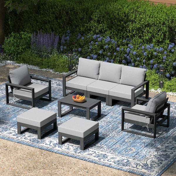 Endless Gray Frame with Light Gray Cushions Outdoor 8-Piece All Weather Plastic Sofa Lounge Chair Patio Conversation Set