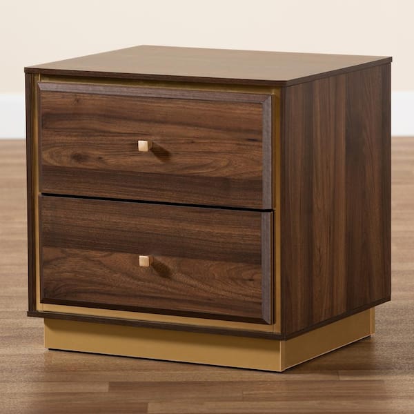 Baxton Studio Cormac 2-Drawer Walnut Brown and Gold Nightstand (18.5 in. H x 18.9 in. W x 15.9 in. D)
